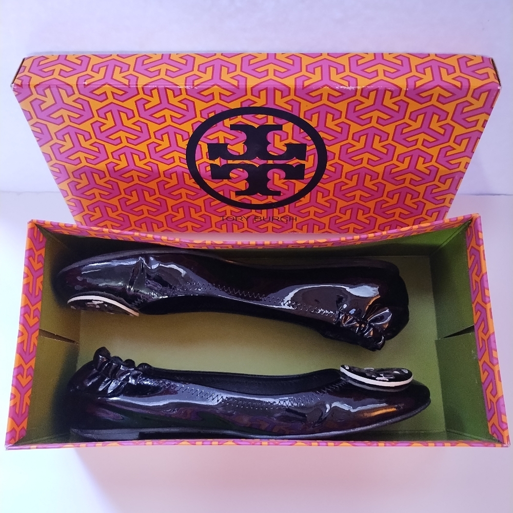 Tory Burch Reva Ballet Slip-On Flats Black Contrast Patent Leather Size 8 - Picture 7 of 16